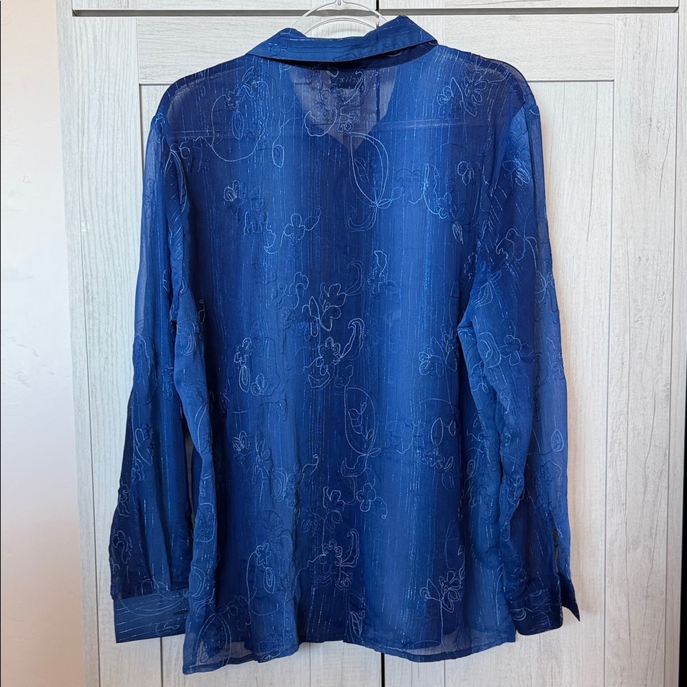 BonWorth Sheer Navy Embroidered Button-Down Blouse - Picture 3 of 6